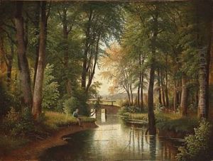 Forest Scene With A Man Fishing In A Wood Stream by Siegfried Hass