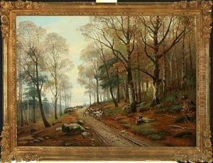 Forest Scenery With Forest Worker And Cart by Siegfried Hass