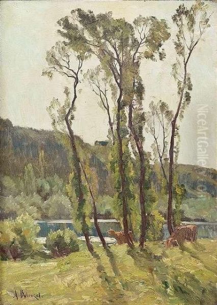 Summeryriver Landscape With Grazing Cows - view 1