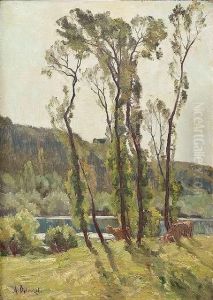 Summeryriver Landscape With Grazing Cows by Armand Auguste Balouzet