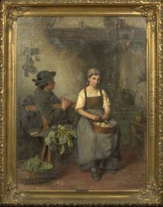 A Kitchen Interior With A Gentleman Courting A Maid