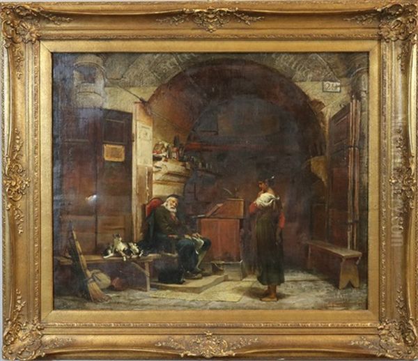 Italienisches Gewolbe Mit Einem Schlafenden, Offentlichen Schreiber Und Einer Katzenfamilie, Von Madchen Beobachtet - view 1
