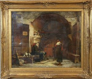Italienisches Gewolbe Mit Einem Schlafenden, Offentlichen Schreiber Und Einer Katzenfamilie, Von Madchen Beobachtet