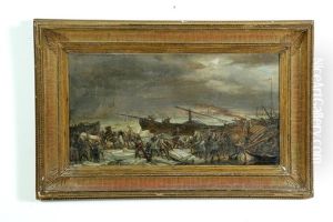 Winter Harbor Scene by Johann Heinrich Hasselhorst
