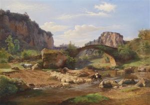 Sudliche Landschaft Mit Schafen An Einer Furt