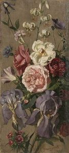 Bluhender Blumenstraus Mit Rosen Und Schwertlilien