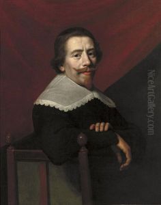 Self-portrait Seated In A Black Coat And Lace Collar, A Red Curtain Beyond by Jacob Van Hasselt