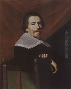 (self-portrait?), Wearing A Black Costume With White Lace Collar, On A Chair, A Red Curtain Behind