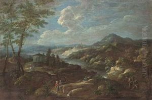 A Mountainous Landscape With Figures By A River by Hieronymous Hastner