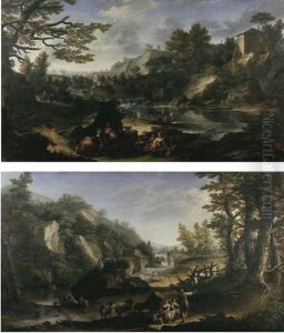 Paesaggio Con Pastori E Pastorella In Sosta E Armenti Presso La Riva Di Un Fiume (+ Paesaggio Con Due Contadine Con Bambini E Pastore In Sosta; 2 Works) by Hieronymous Hastner