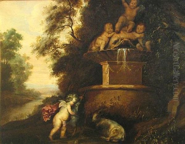 A Putto Playing With A Goat Before A Fountain - view 1