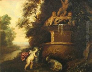 A Putto Playing With A Goat Before A Fountain