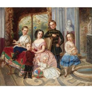 The Children Of The Duke Of Leutchtenberg By A Marble Pool by Vladimir Ivanovich Hau