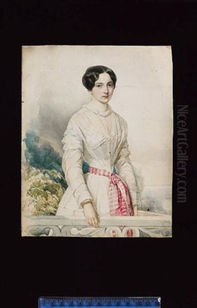 A Noblewoman, Standing On A Balcony, Wearing White Dress With Frilled Sleeves, A Pink And White Sash Around Her Waist, A Gold Jewelled Bracelet On Her Wrist, A Forest In The Background - view 1