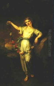 Portrait Of Elisabeth Auguste, Grafin Von Torring Und Gronsfeld, At The Age Of Ten, Holding A Garland Of Flowers by Joseph Hauber