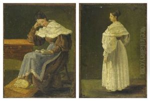 Portrait De Femme Lisant Avec Un Chat A Ses Pieds; Portrait De Femme En Robe Blanche (2 Works) by Hortense Haudebourt Lescot