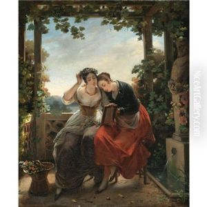 Two Young Ladies Admiring Themselves In A Mirror by Hortense Haudebourt Lescot