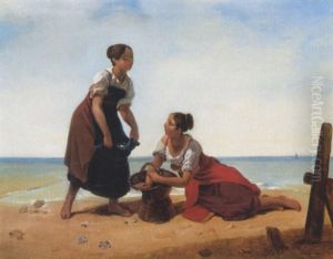 Femmes Au Bord De La Plage Ramassant Des Coquillages