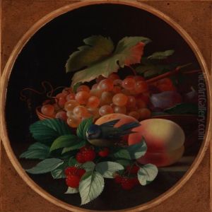 Grapes, Raspberries, Figs And Peaches On A Sill With A Blue Tit Sitting On A Leaf by Carl Vilhelm Balsgaard