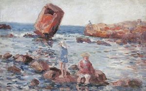 Zwei Kinder Auf Klippen Und Angler by Albert Haueisen