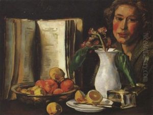 Fruchtestilleben Mit Buch Und Blumenvase, Daneben Eine Frau