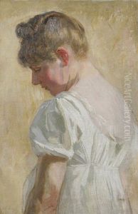 Junge Frau Im Weisen Kleid, Im Dreiviertelprofil Von Hinten Gesehen by Robert Von Haug