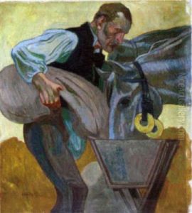 Mann Mit Pferden Bei Der Futterung by Robert Von Haug