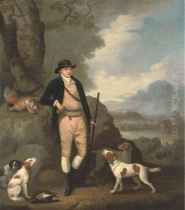 Portrait Of George Farmer Of Witton Manor, Staffordshire, Full-length, With His Dogs, In A Landscape by Moses Haughton the Elder
