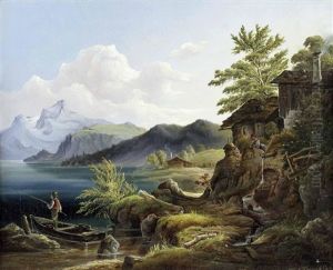 Hochgebirgslandschaft Mit See, Fischer Und Hausern