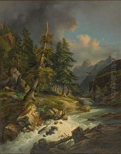 Hochgebirgslandschaft Mit Wildwasser Und Geier. Malerischer Lichteinfall Auf Katarakt by Karl Franz Emanuel Haunold