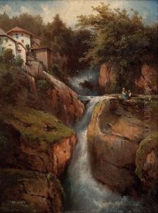 Der Muhlbachfall In Hallstatt Mit Figurenstaffage by Karl Franz Emanuel Haunold