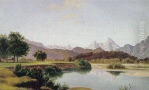 Sommerliche Landschaft Mit Blick Uber Fluslauf Auf Gebirgshintergrund