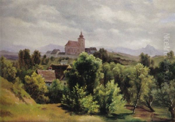 Sommerlandschaft Mit Groser Kirche Und Gehoften In Gebirgslandschaft - view 1