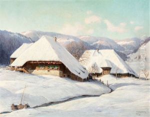 Schneebedeckte Schwarzwaldhofe In Der Morgensonne by Karl Hauptmann