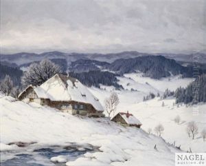 Winterliche Schwarzwaldlandschaft Mit Verschneiten Hausern by Karl Hauptmann