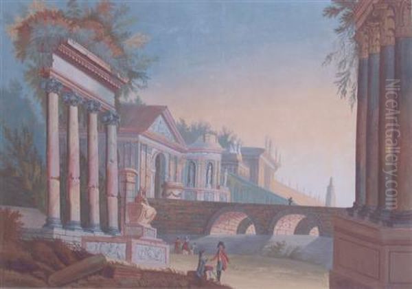Figures Before An Italian Villa - view 1
