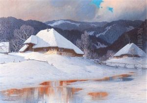 Two Snow-covered Black Forest Houses In The Evening Sun, A Frozen Fire Pond In The Foreground by Karl Hauptmann