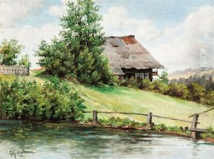 Schwarzwaldhaus Mit Teich An Einem Sommertag