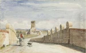 Homme Avec Un Chien Sur Le Pont, Une Maison Avec Une Tour A L'arriere-plan by Victor Baltard