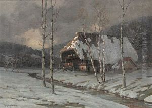 Verschneiter Schwarzwaldhof An Einem Schmalen Bach Mit Birken by Karl Hauptmann