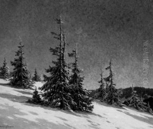 Fresh Powder - A Mountain View With Snow Covered Spruce by Karl Hauptmann