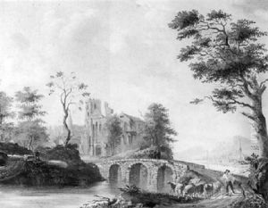 Schafer Mit Seine Herde Am Flusufer Nahe Der Steinernen Bogenbrucke by Hendrik Manfried Haus