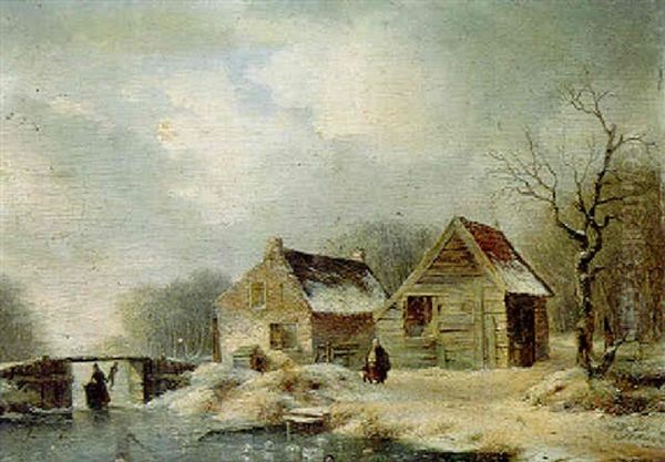 A Wooded Winter Landscape With Peasants Walking Along A Frozen Waterway By A Cottage - view 1