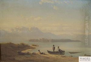 Partie Am Chiemsee Mit Blick Auf Die Herreninsel, Im Vordergrund Netzeinholende Fischer