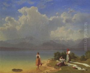 Junge Bauerinnen Beim Waschebleichen Am Ufer Des Chiemsees
