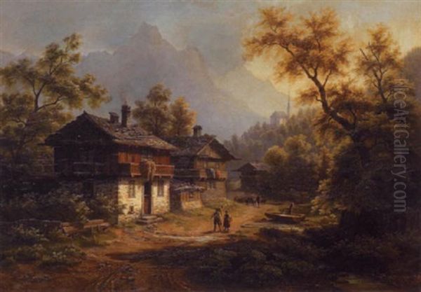 A Mountainous Wooded Landscape With Figures By A Chalet In The Foreground - view 1
