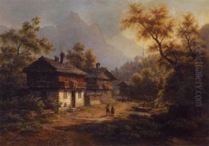 A Mountainous Wooded Landscape With Figures By A Chalet In The Foreground by Gustav Hausmann