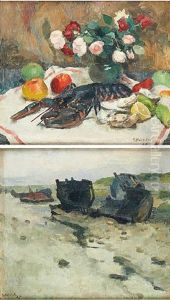 Nature Morte Au Homard Et Aux Huitres; Barque Echouee (2 Works) by Gaston Haustrate