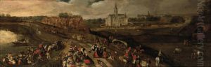 A Kermesse In A Village Near A River, A Church Beyond by Peeter Baltens