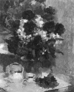 Stilleben Mit Blumenstrauss Und Kaffeegeschirr by Gaston Haustrate